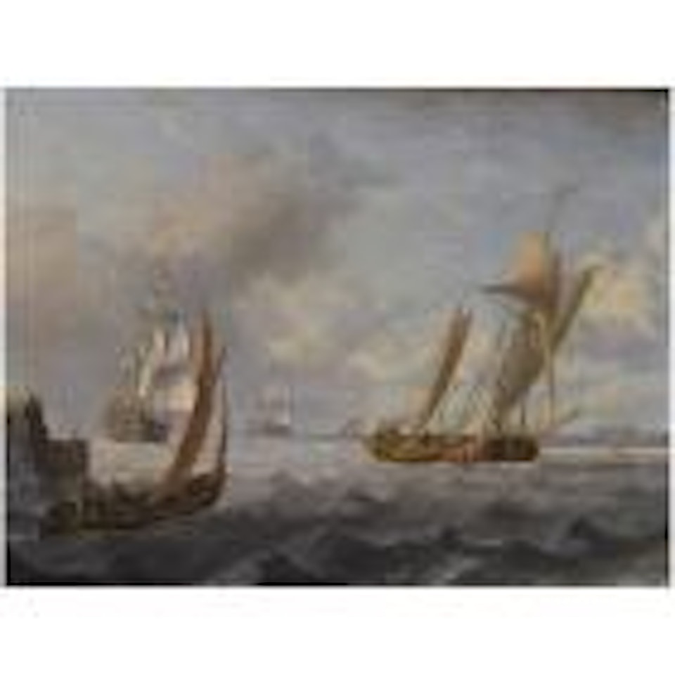 Fishing boats and a naval vessel off a pier by Charles Martin Powell