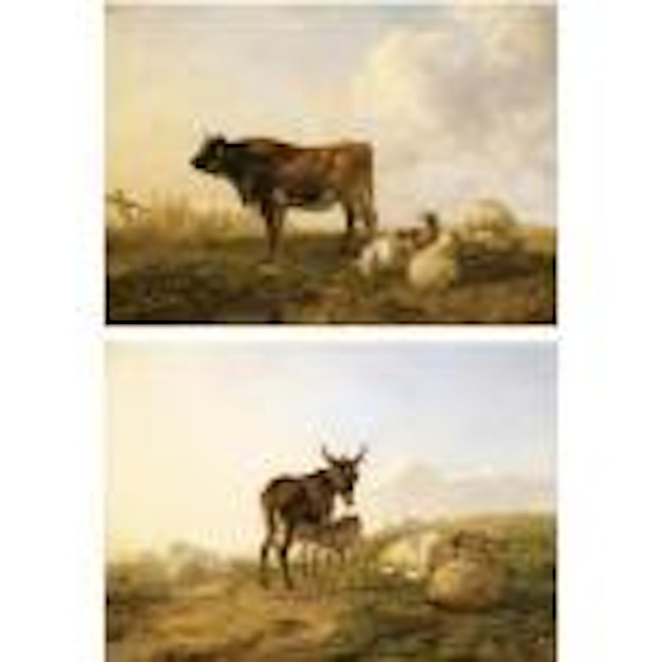 A bull with a pair of sheep and a goat. A Jenny with her foal and a flock of sheep by Thomas Sidney Cooper