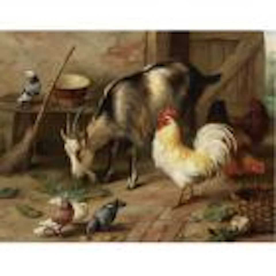 A goat, chicken and doves in a stable by Edgar Hunt