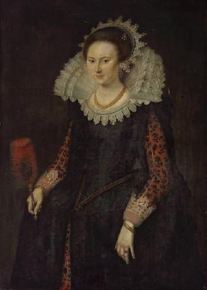 A portrait of a lady, three-quarter length, wearing a black overgown with an elaborate open lace ruff and richly embroidered sleeves with lace cuffs, holding a fan in her right hand by Paulus Moreelse