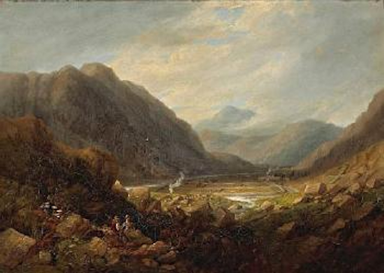 An extensive view of a valley with two figures resting in the foreground by John Wilson Carmichael
