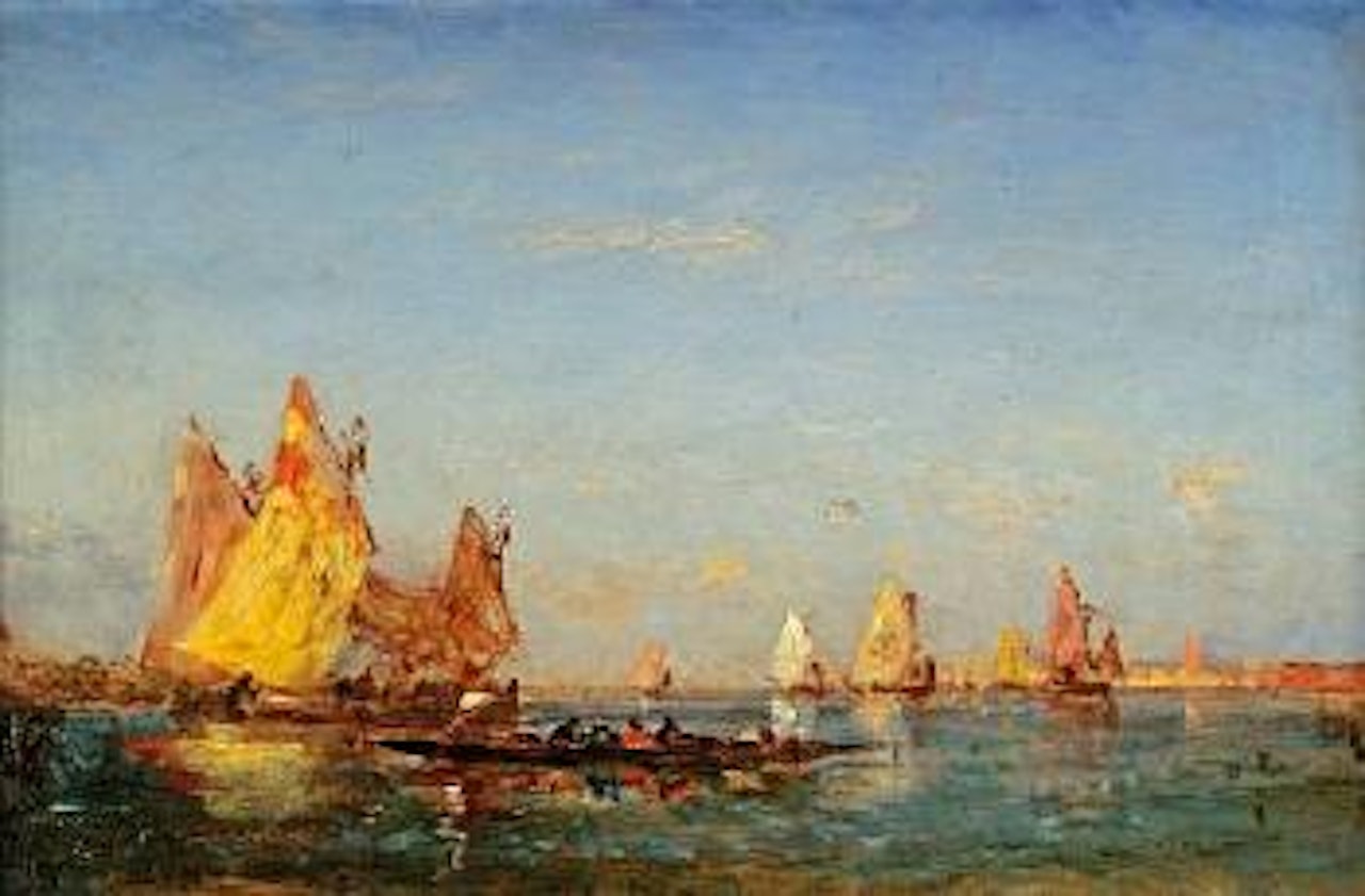 A gondola and other boats in the Venetian Lagoon by Félix Ziem