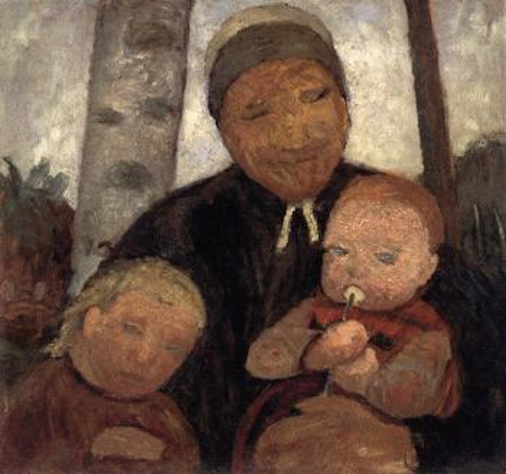 Bauerin mit Kind und Saugling zwischen Birkenstammen by Paula Modersohn-Becker
