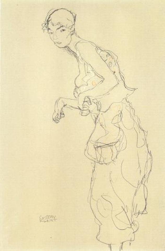 Frau mit gebauschten Hosen nach links by Gustav Klimt