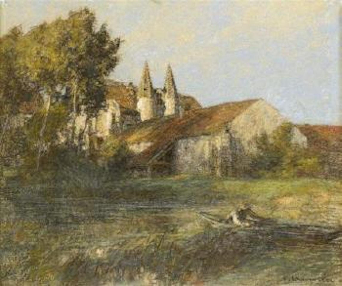 A river landscape with boatman by Léon Augustin Lhermitte