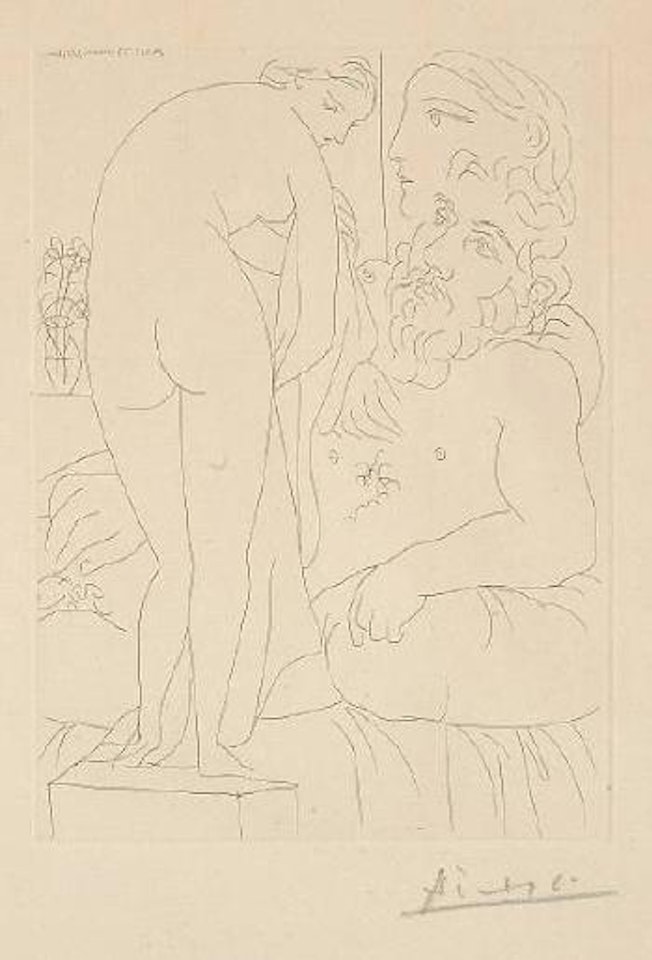 Le Repos du Sculpteur devant un Nu a la Draperie, Pl. 51, from La Suite Vollard (B. 160; Ba. 313) by Pablo Picasso