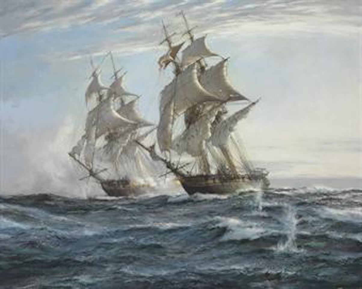 The American brig Argus engaging His Majesty's sloop Pelican in British waters, 14th August 1813 by Montague Dawson