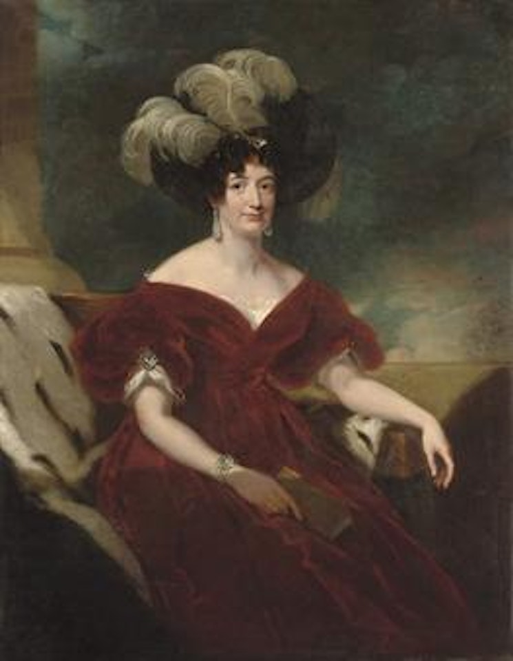 Portrait of a lady, three-quarter-length, seated in a red velvet dress, and a black plumed hat by Sir Thomas Lawrence