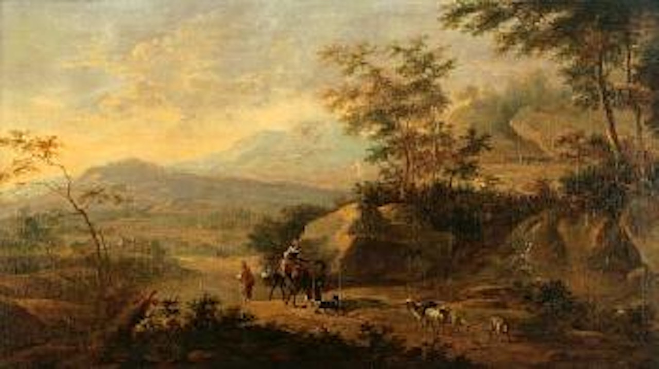 An extensive Italianate landscape with travelers on a path and a waterfall in the foreground by Jan Both