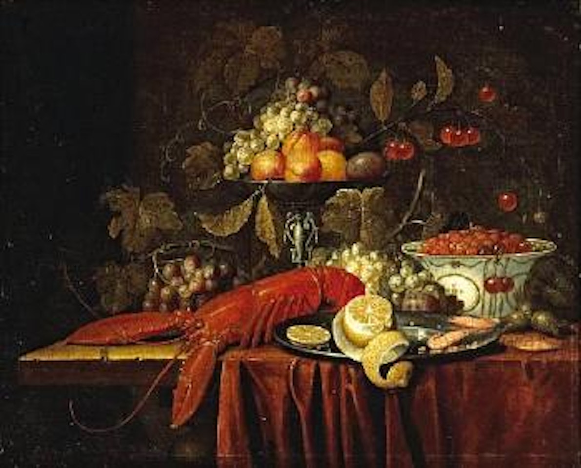 A still life with fruit, strawberries in a oriental bowl and a lobster together on a partially-draped table by Jan Pauwel Gillemans