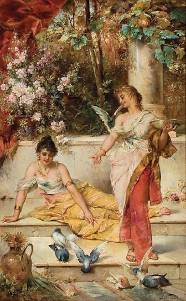 Young maidens with doves by Hans Zatzka