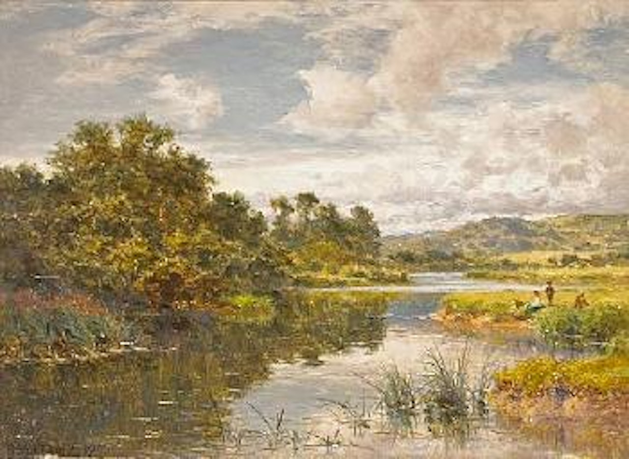 A verdant river landscape with figures on the bank by Benjamin Williams Leader