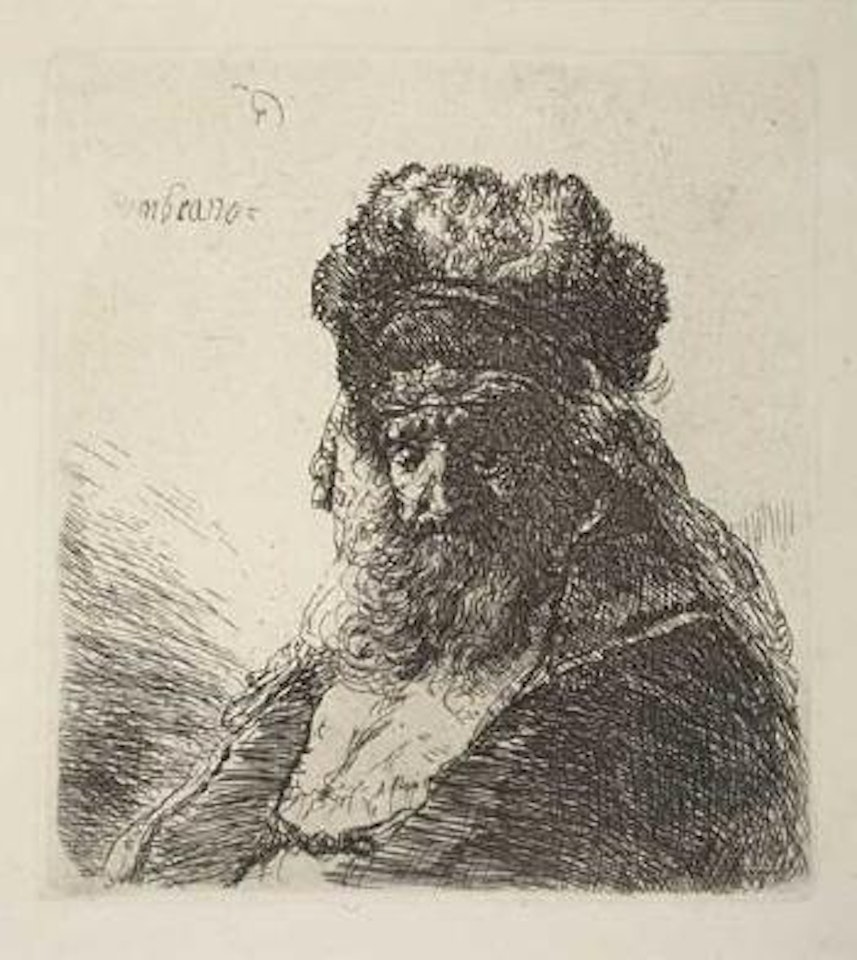 Old Bearded Man in a High Fur Cap, with Eyes Closed (Bartsch 290; Biörklund 35-3) by Attributed to Rembrandt Harmensz van Rijn
