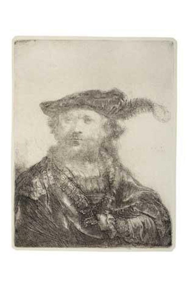 Self Portrait in a Velvet Cap and Plume (Bartsch 20; Biörklund 38-B; Hollstein 20) by Attributed to Rembrandt Harmensz van Rijn