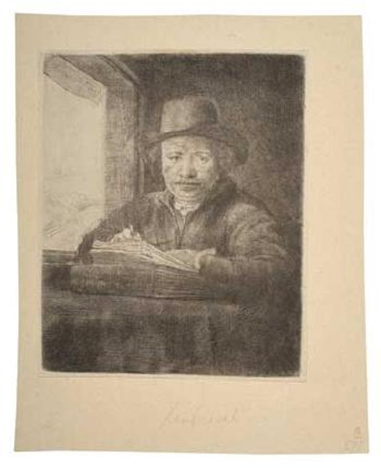 Self Portrait Drawing at a Window (Bartsch 22; Biörklund 48-A; Hollstein 22) by Attributed to Rembrandt Harmensz van Rijn