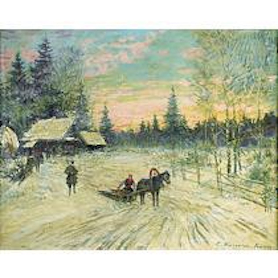 Jeune femme sur un traineau s'eloignant d'un chasseur by Konstantin Alekseevich Korovin