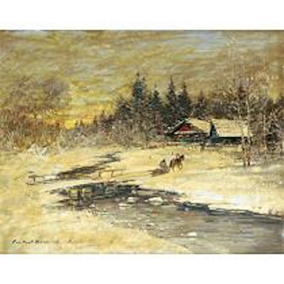 Traineau passant sur un pont au soleil couchant by Konstantin Alekseevich Korovin