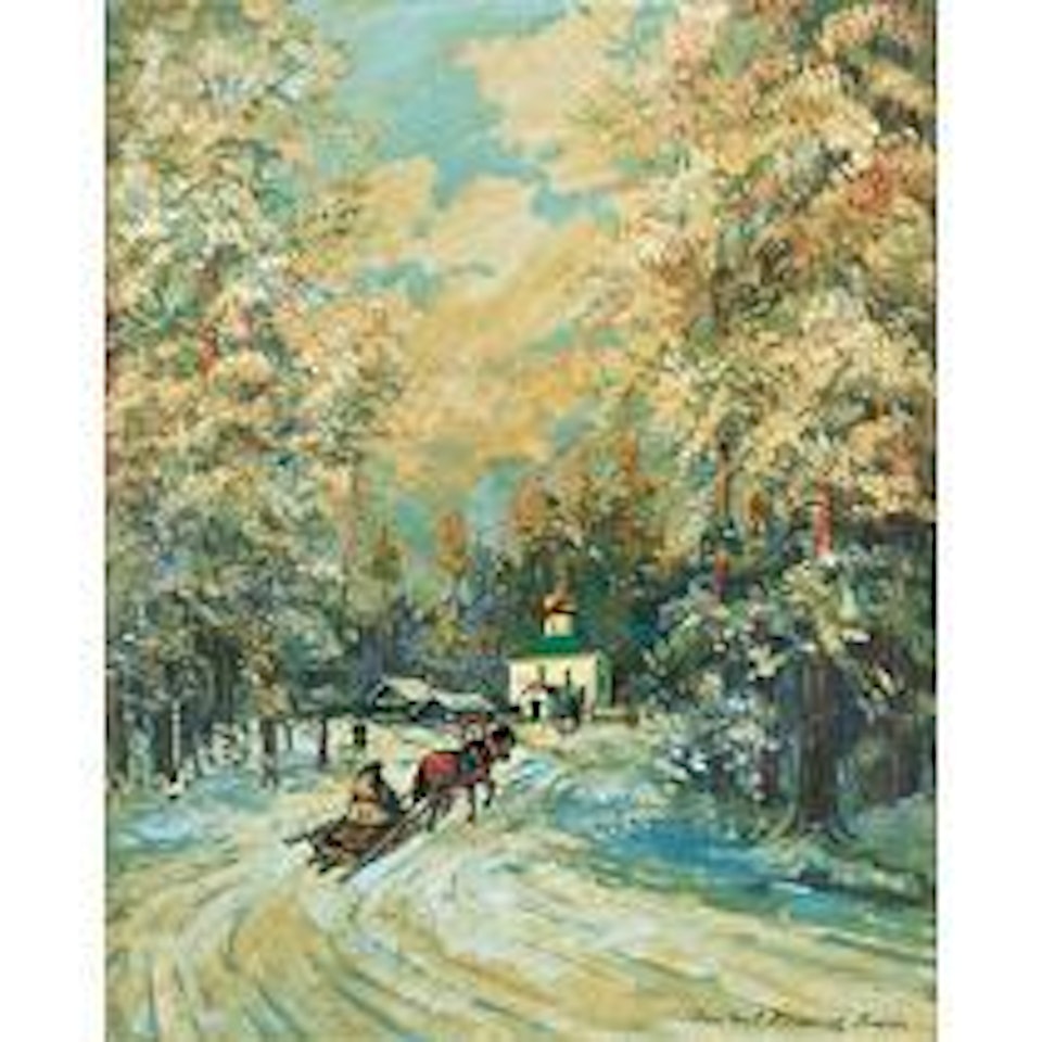 Traineau se dirigeant vers une chapelle by Konstantin Alekseevich Korovin