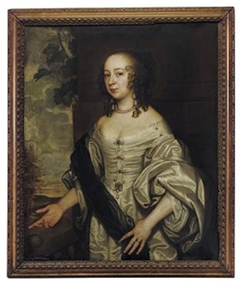 Portrait of a lady, three-quarter-length, in a white dress with a black shawl, with pearl earrings and choker, on a balustrade, a landscape beyond by Anthony van Dyck