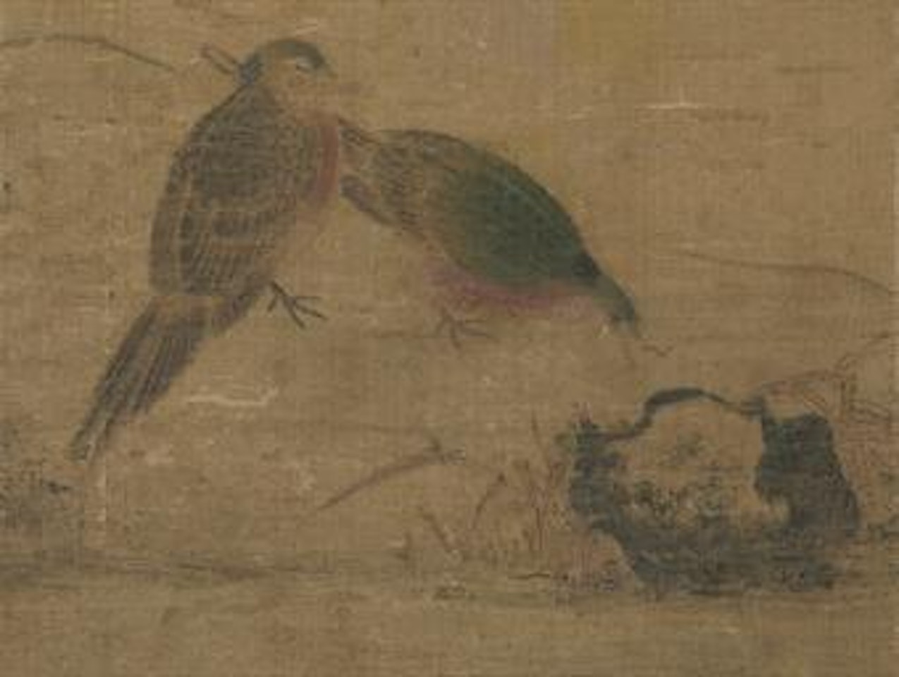 Pair of Birds, Bamboo and Rock by Chinese School