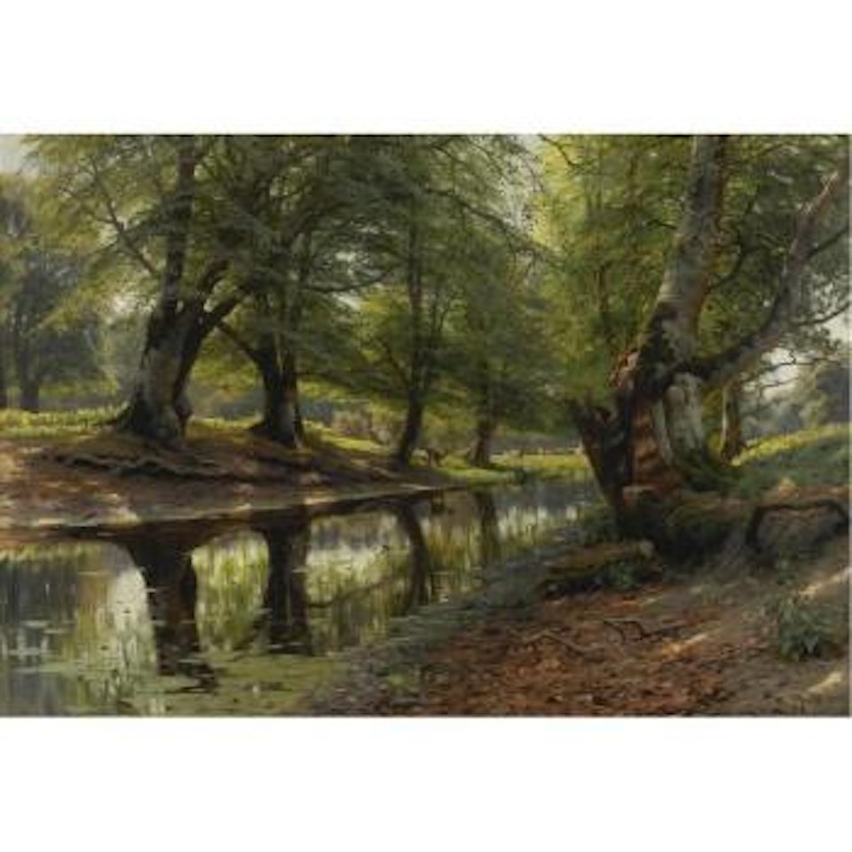 A stream through the glen, deer in the distance by Peder Mork Monsted