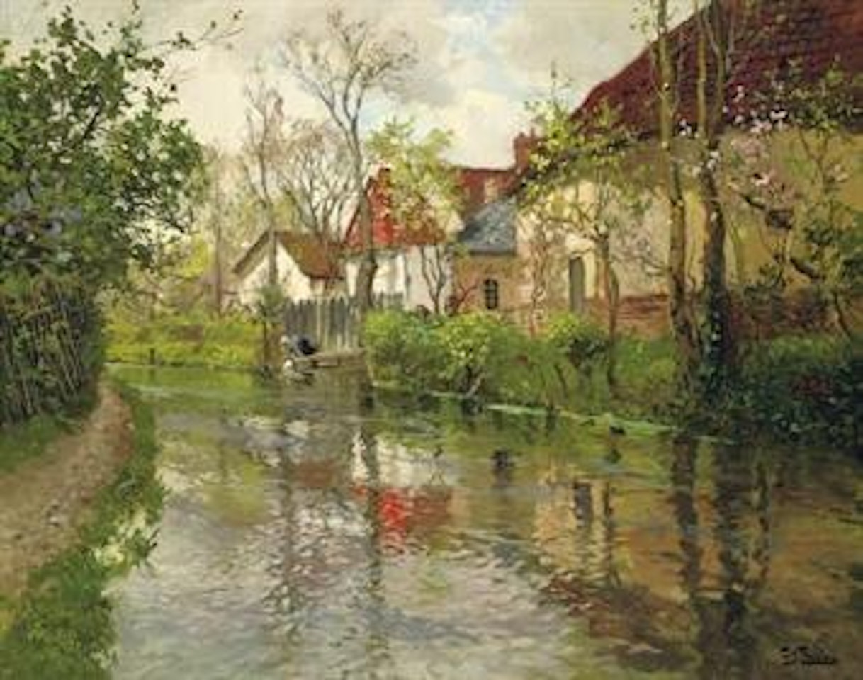 Cottages by a river by Fritz Thaulow