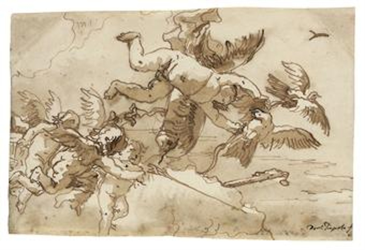 Cupid with his bow and doves in the clouds, amorini collecting his arrows and quiver by Giovanni Domenico Tiepolo