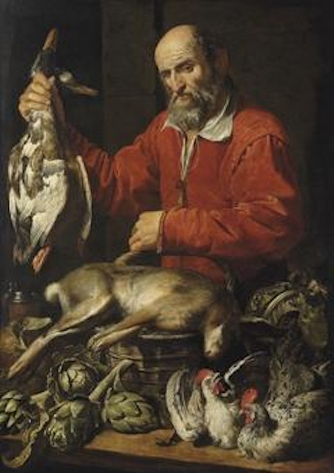 The Gamedealer: A bearded man in a red coat holding a pair of mallard ducks in one hand by a basket with a hare, artichokes, a flagon and a cabbage by Frans Snyders