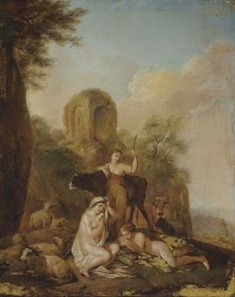 Shepherdesses and their flocks in a classical landscape by Christian Wilhelm Ernst Dietrich