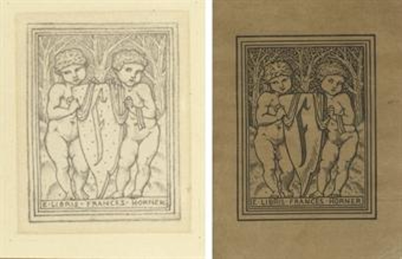 A design for a bookplate: two infant boys holding a shield inscribed with the letter 'F'; and an impression of the woodcut bookplate by Edward Coley Burne-Jones
