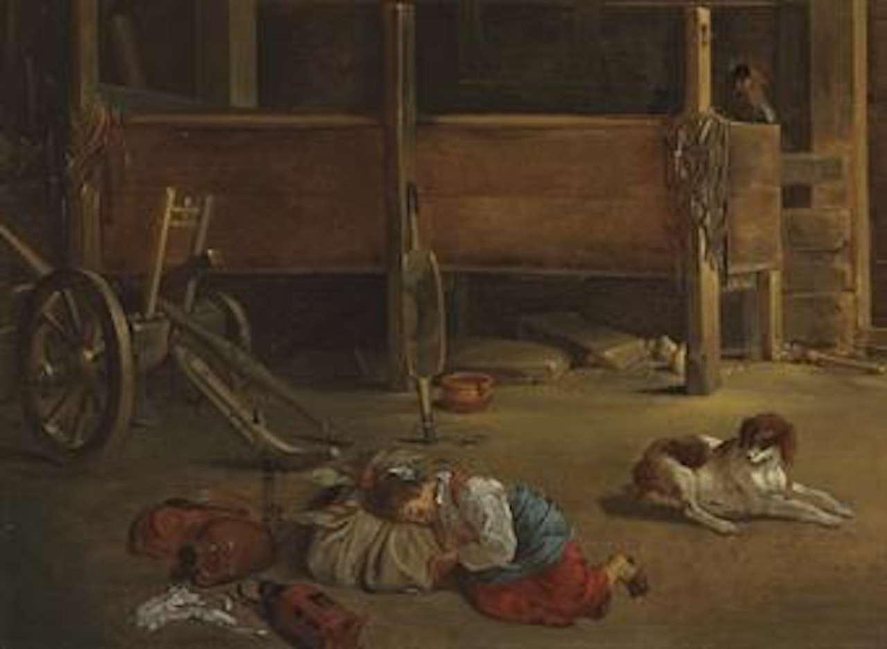 A young girl asleep in a stable by French School