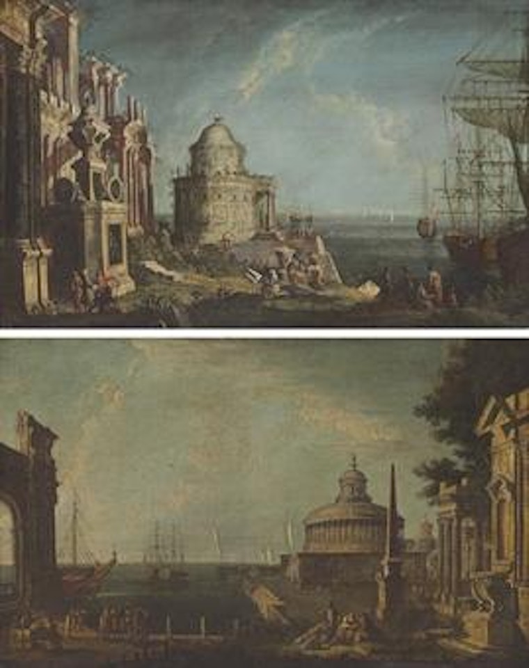 A capriccio with a temple and elegant figures by a harbor; and A capriccio with the Mausoleum of Hadrian and an obelisk with figures on a quay by Michele Marieschi