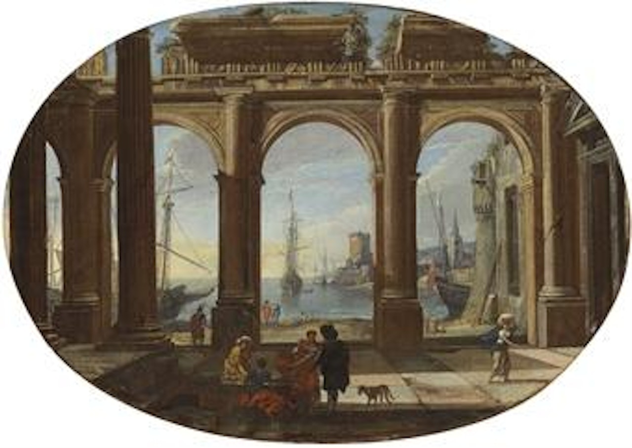 A capriccio with figures beneath a Doric colonnade, a bay and the Torre di San Vincenzo, Naples beyond by Adrian van der Cabel by Viviano Codazzi
