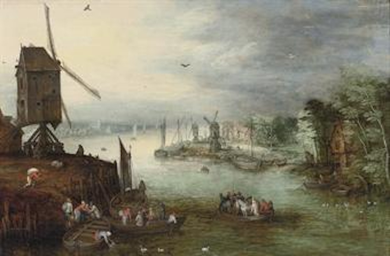 A river landscape with a ferry crossing near a windmill, a village beyond by Jan Brueghel the Younger