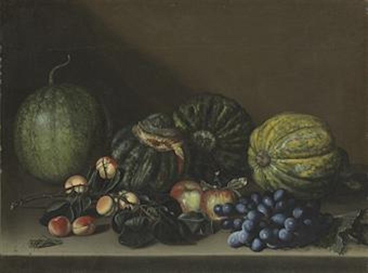 Melons, apricots, grapes and apples on a stone ledge by Caravaggio