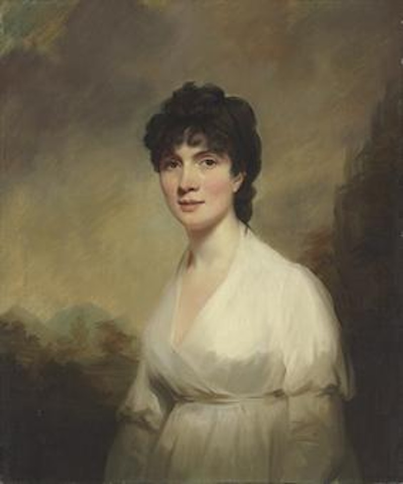Portrait of a lady, identified as Mrs. Walter Learmouth (1772-1832), half-length, in a white dress, a landscape beyond by Henry Raeburn