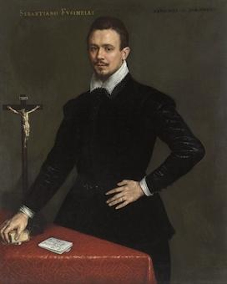 Portrait of Sebastiano Fuginelli, three-quarter-length, in a black coat, with a book and a crucifix on a table by Leandro Bassano