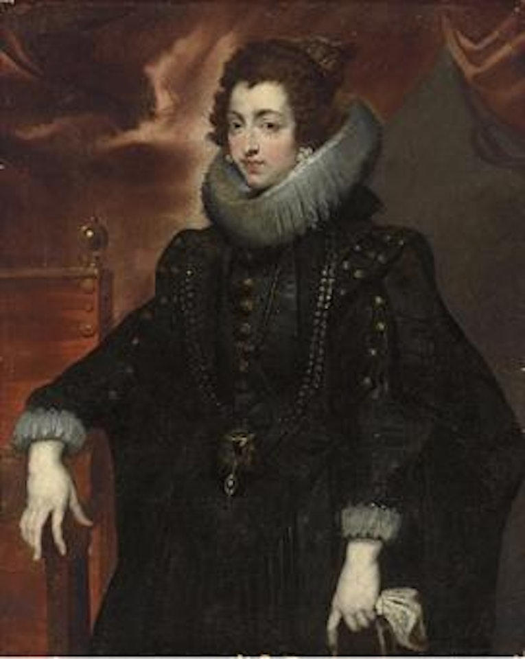 Portrait of Isabella de Bourbon, Queen of Spain, standing three-quarter-length, in a black gown by Peter Paul Rubens