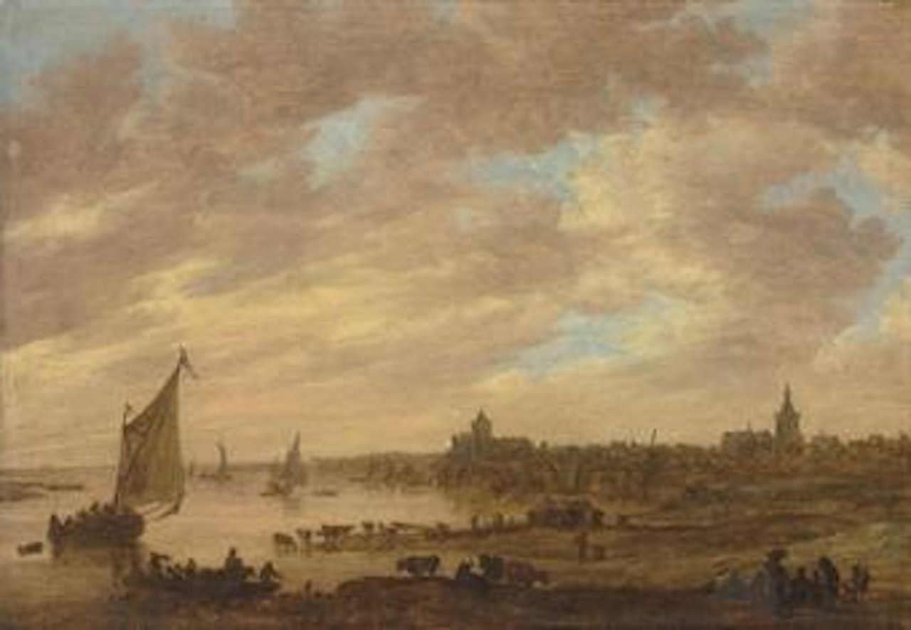 A view of Nijmegen from the West with the Valkhof and St Stevenskerk, a ferry and other shipping on the Waal and cattle on the river bank by Jan van Goyen