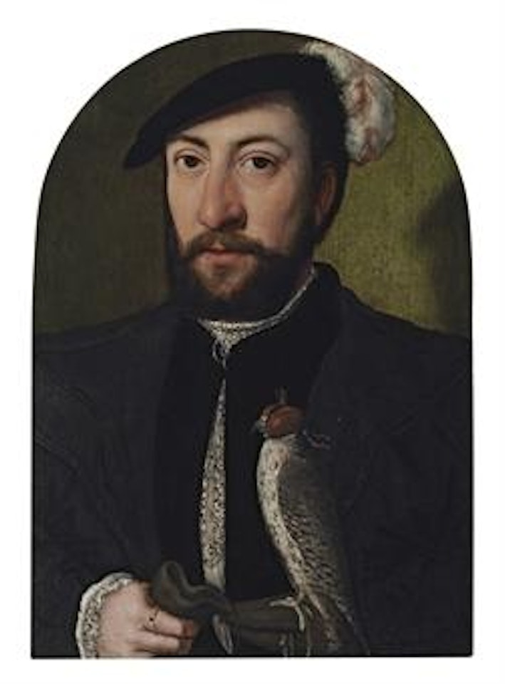 Portrait of a man, half-length, in a black doublet and white shirt with black embroidery, and a black cap with a white feather, holding a hooded peregrine falcon by Netherlandish School