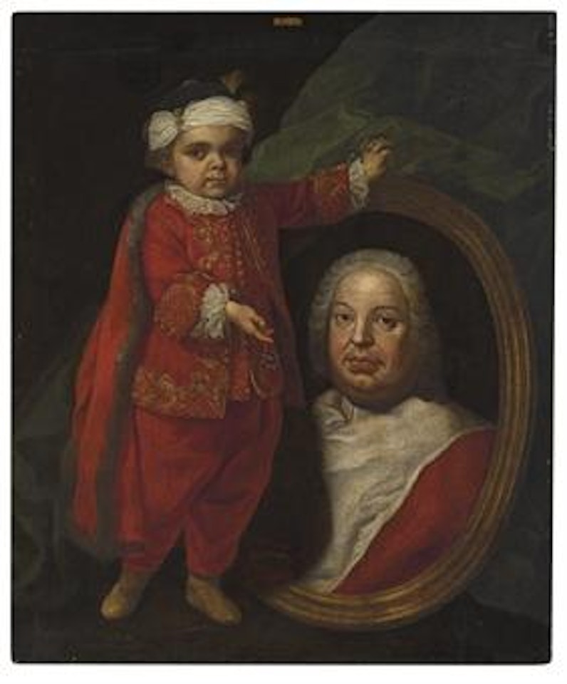 Portrait of a French dwarf, Nicolas Ferry (known as Bébé), standing full-length, with a portrait of King Stanislaw Leszczynski of Poland by Neapolitan School