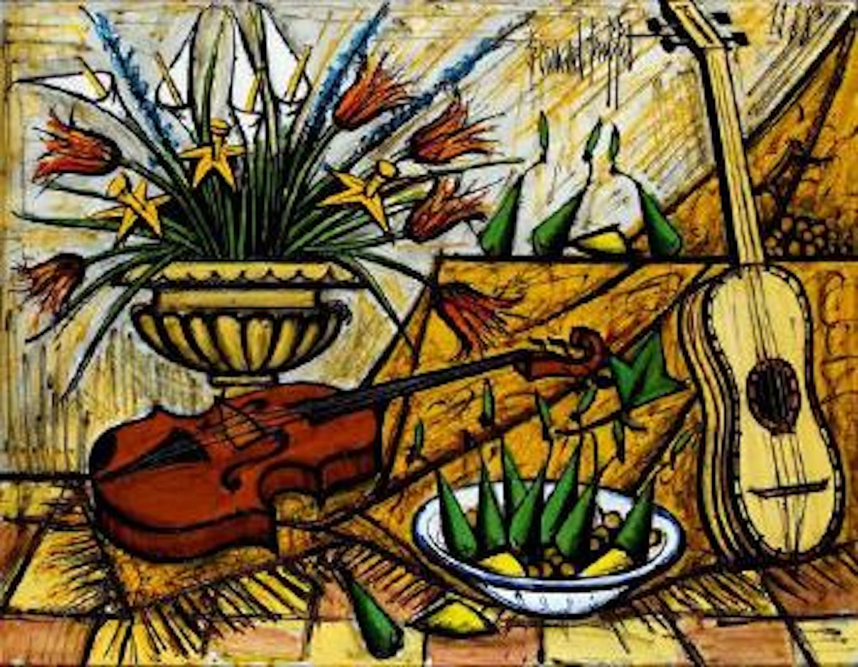 Instruments de musique, fleurs et fruits by Bernard Buffet