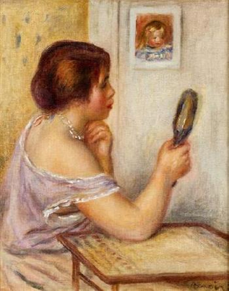 Gabrielle tenant un miroir avec un portrait de Coco by Pierre-Auguste Renoir