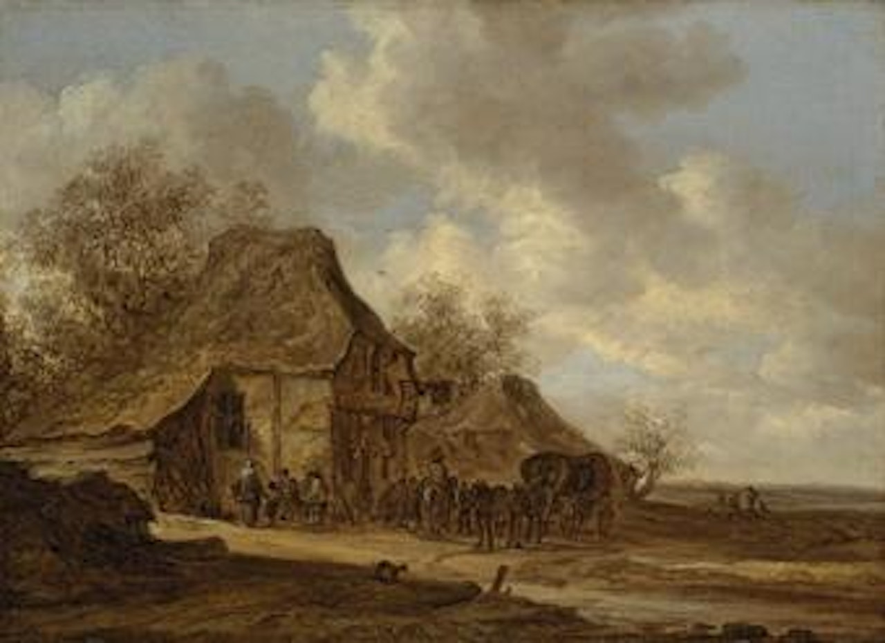 An extensive landscape with travellers at an inn by Jan van Goyen
