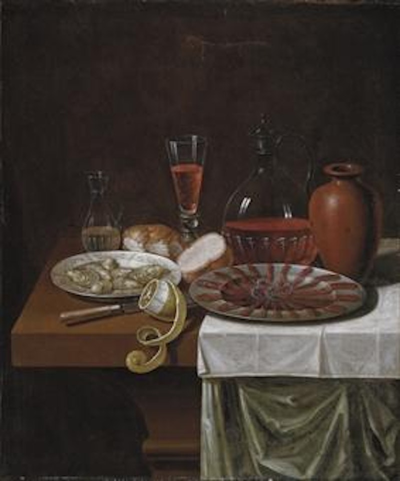 A flute and decanter of wine, a glass water pitcher, two hunks of bread, a plate of oysters, a plate of sliced ham, a clay jug, a knife and a lemon on a wooden table partly covered with two tablecloths by Sebastian Stosskopf