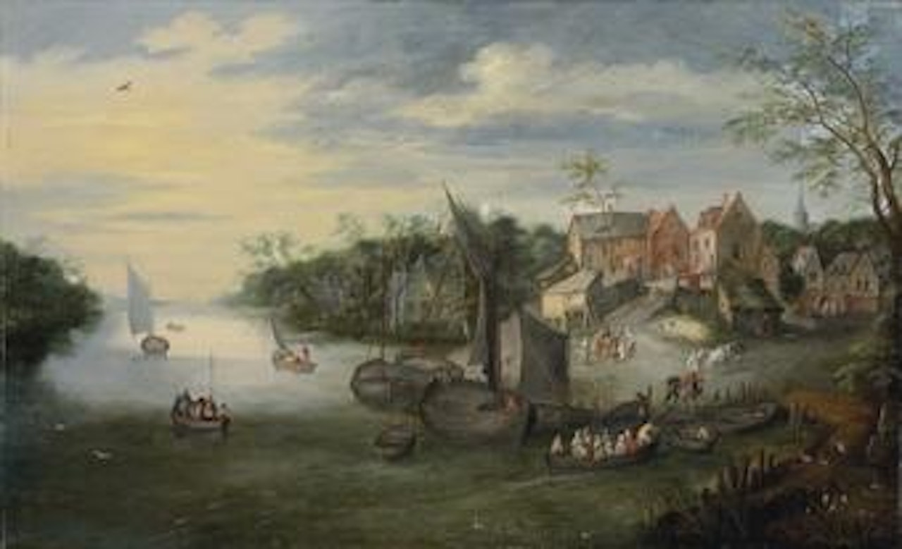 An extensive river landscape with boats coming down the river to dock by a village by Jan Brueghel the Younger