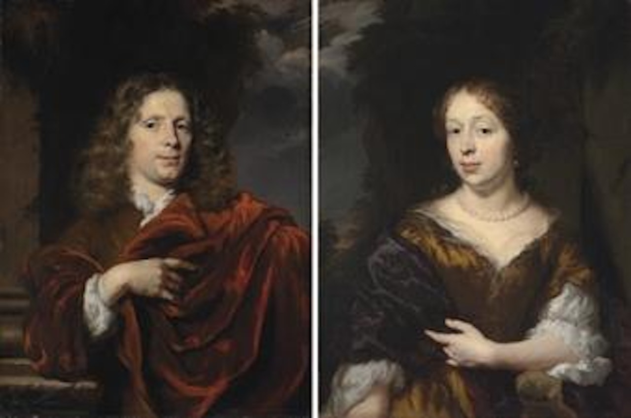 Portrait of a gentleman, half-length, in a red mantle, beside a column; and Portrait of a lady, half-length, in a golden dress with a blue mantle, and pearls, in a landscape by Nicolaes Maes