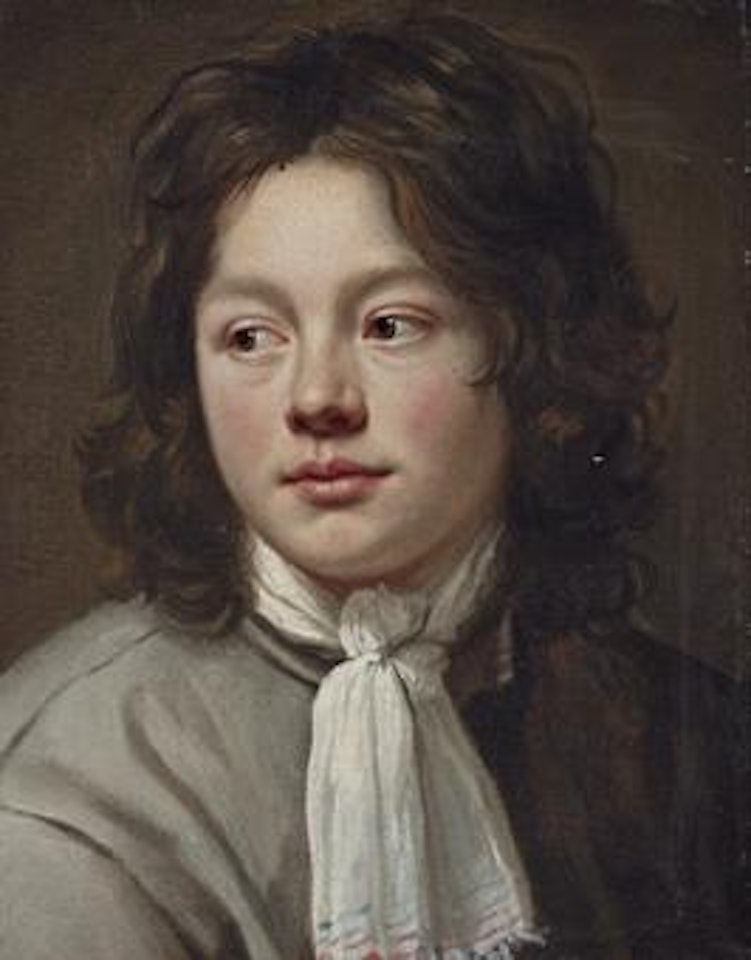 Portrait of a boy, bust-length, in a grey coat and a white necktie with blue and red trim by Lenain Brothers