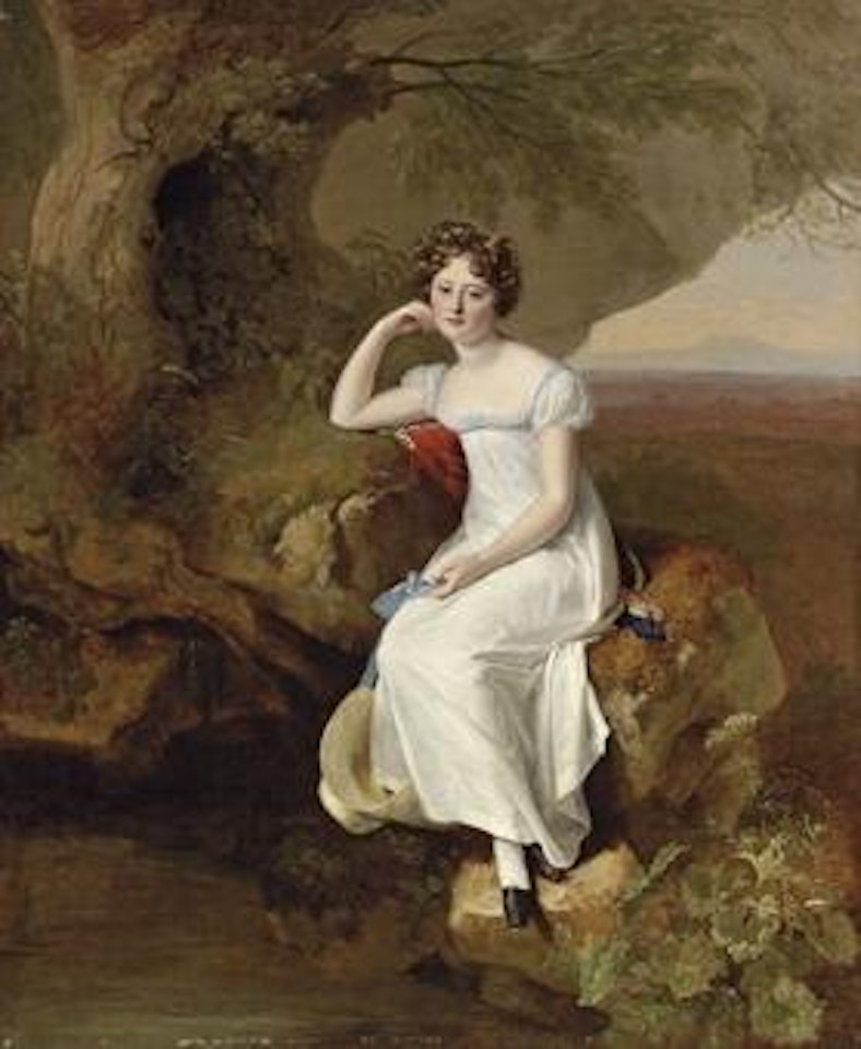 Portrait of Elizabeth Broadhead, later Lady Dashwood (1801-1889), small full-length, in a white dress, seated in a landscape, holding a sun hat by Firmin Massot