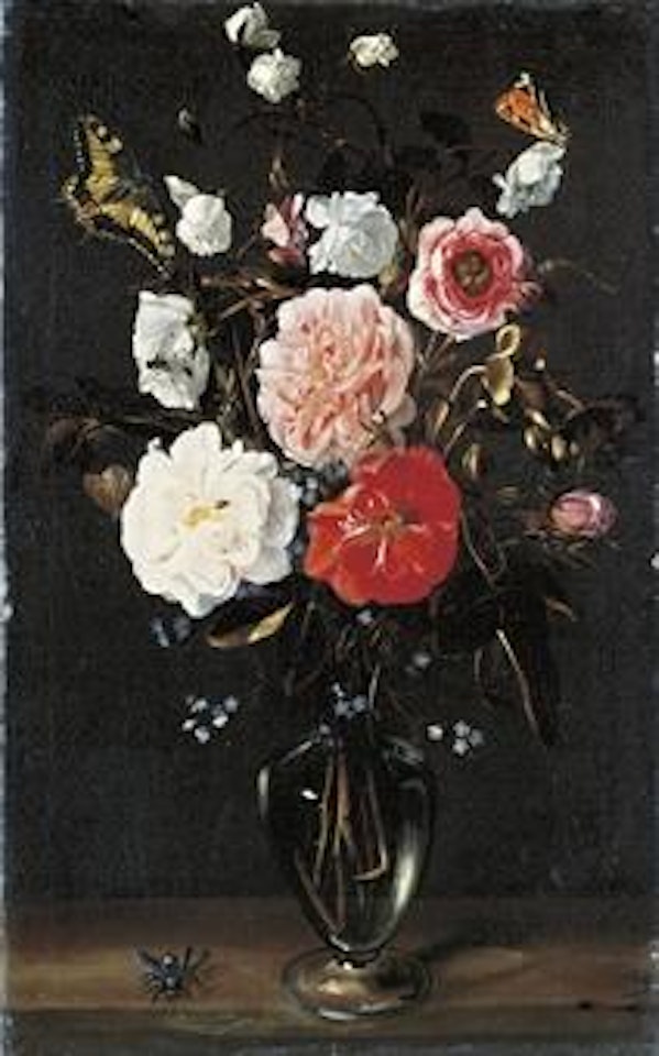 Roses and forget-me-nots in a glass vase with butterflies and a beetle on a wooden ledge by Pier Francesco Cittadini